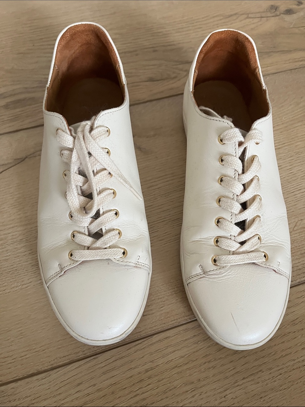 Sezane Cream Leather Lace-Up Sneakers with Gold Eyelets